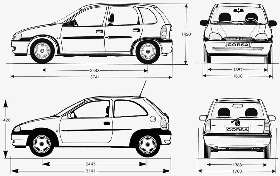 Габаритные размеры Опель (Воксхол) Корса «Б» 1993-2000 (dimensions Opel Corsa B)