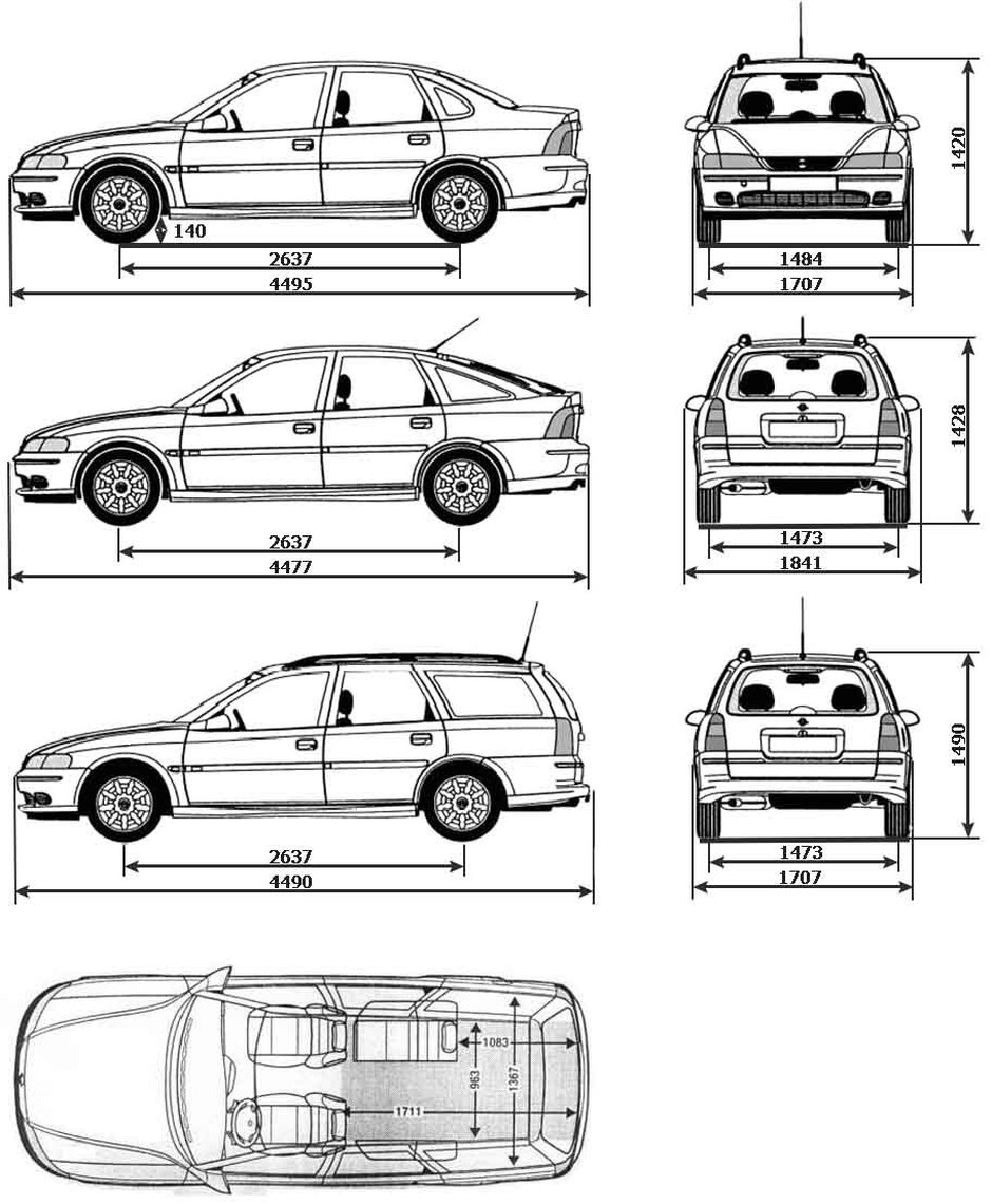Габаритные размеры Опель Вектра Б (dimensions Opel Vectra В)