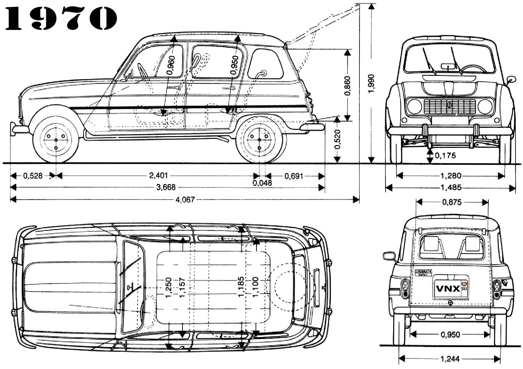 Габаритные размеры Рено 4 (dimensions Renault 4)