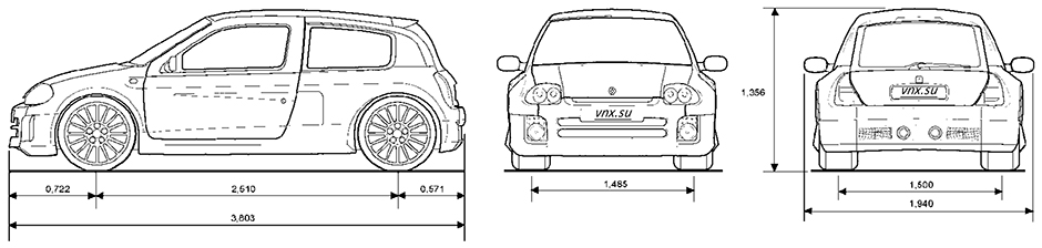 Габаритные размеры Рено Клио 00-08 (dimensions Renault Clio V6 Phase 1)