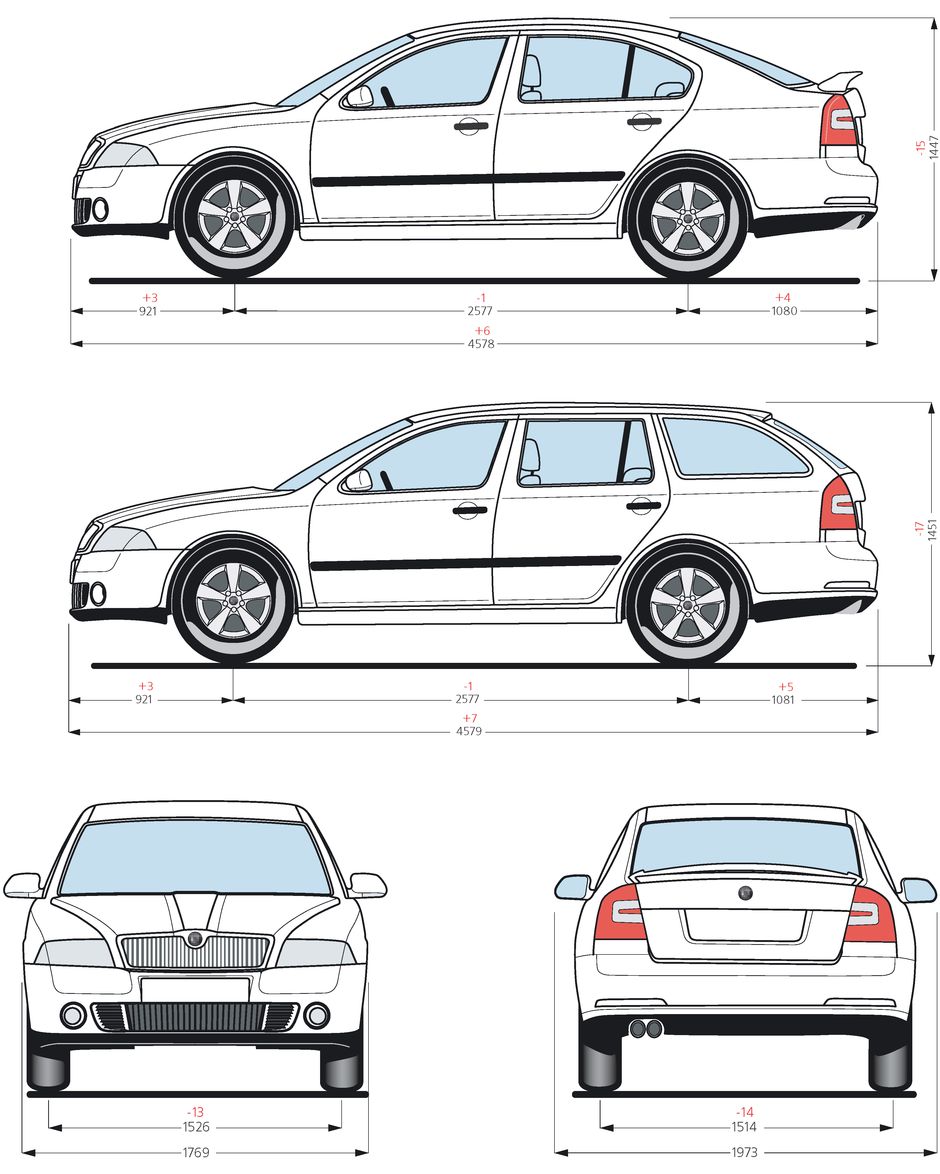 Габаритные размеры Шкода Октавия РС 2004-2013 седан и универсал (dimensions Skoda Octavia RS)