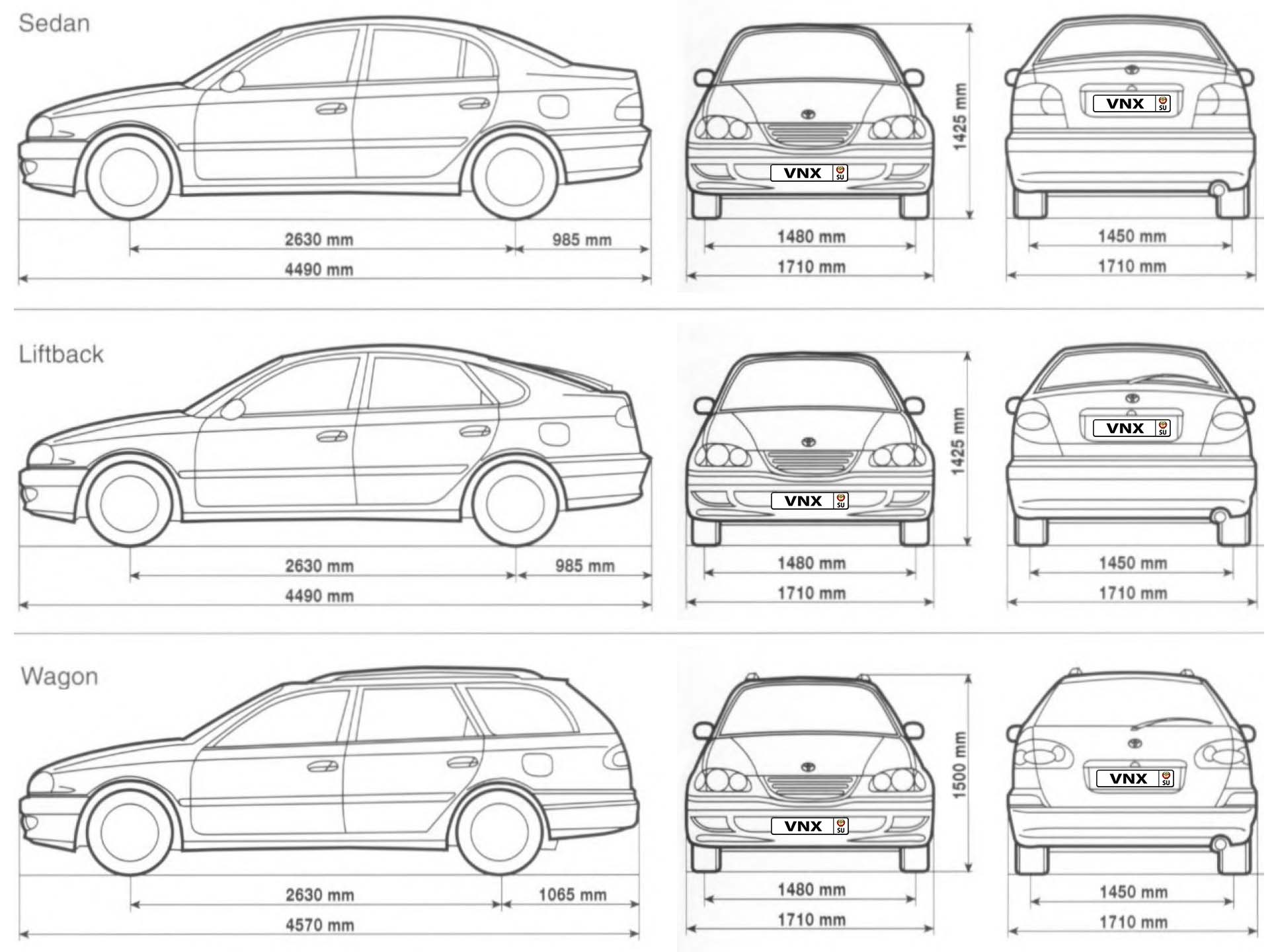 Габаритные размеры Тойота Авенсис 1997 (dimensions Toyota Avensis T210/220/221)