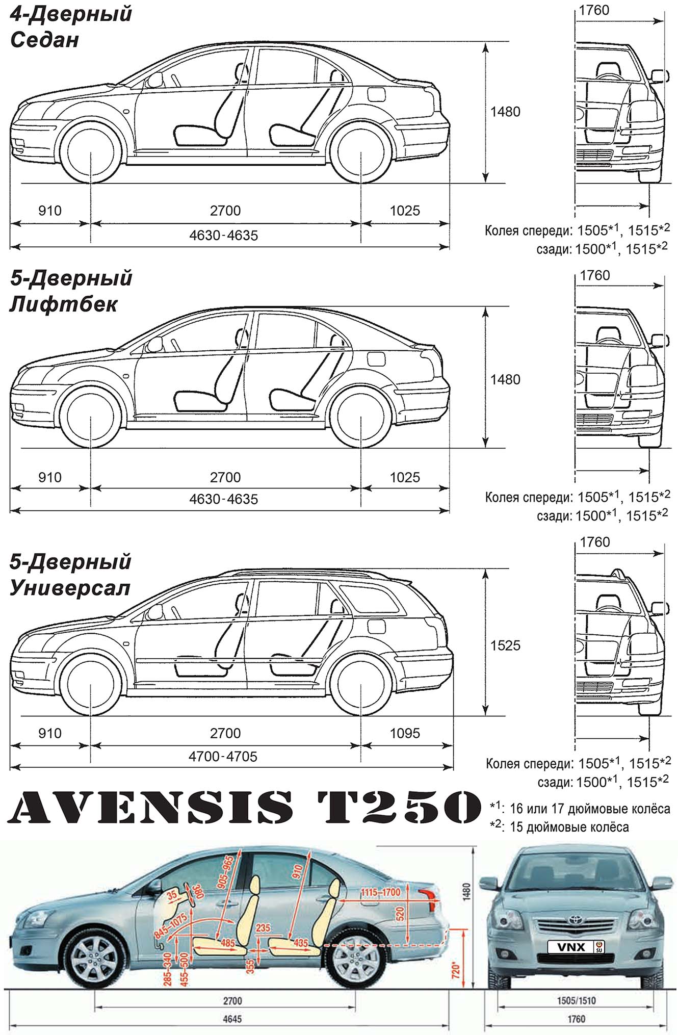 Габаритные размеры Тойота Авенсис 2 (dimensions Toyota Avensis T250)