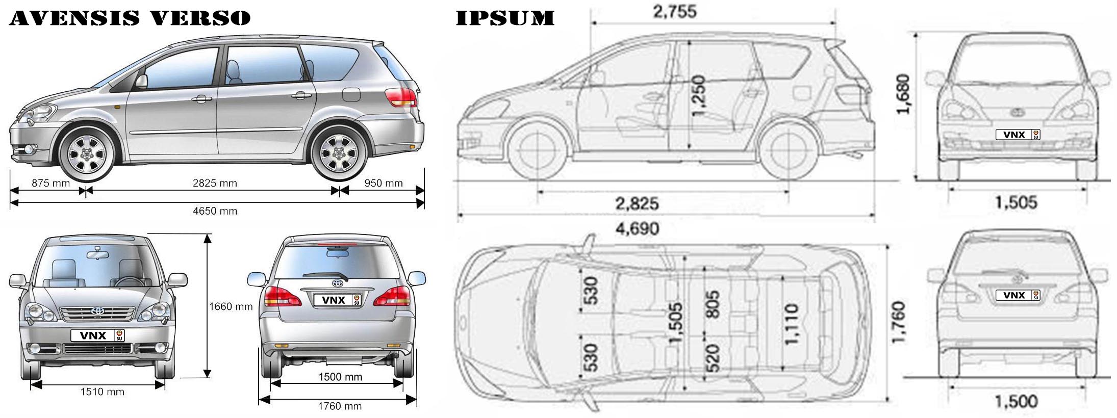 Габаритные размеры Тойота Авенсис Версо и Ипсум 2001-2009 (dimensions Toyota Avensis Verso / Ipsum)