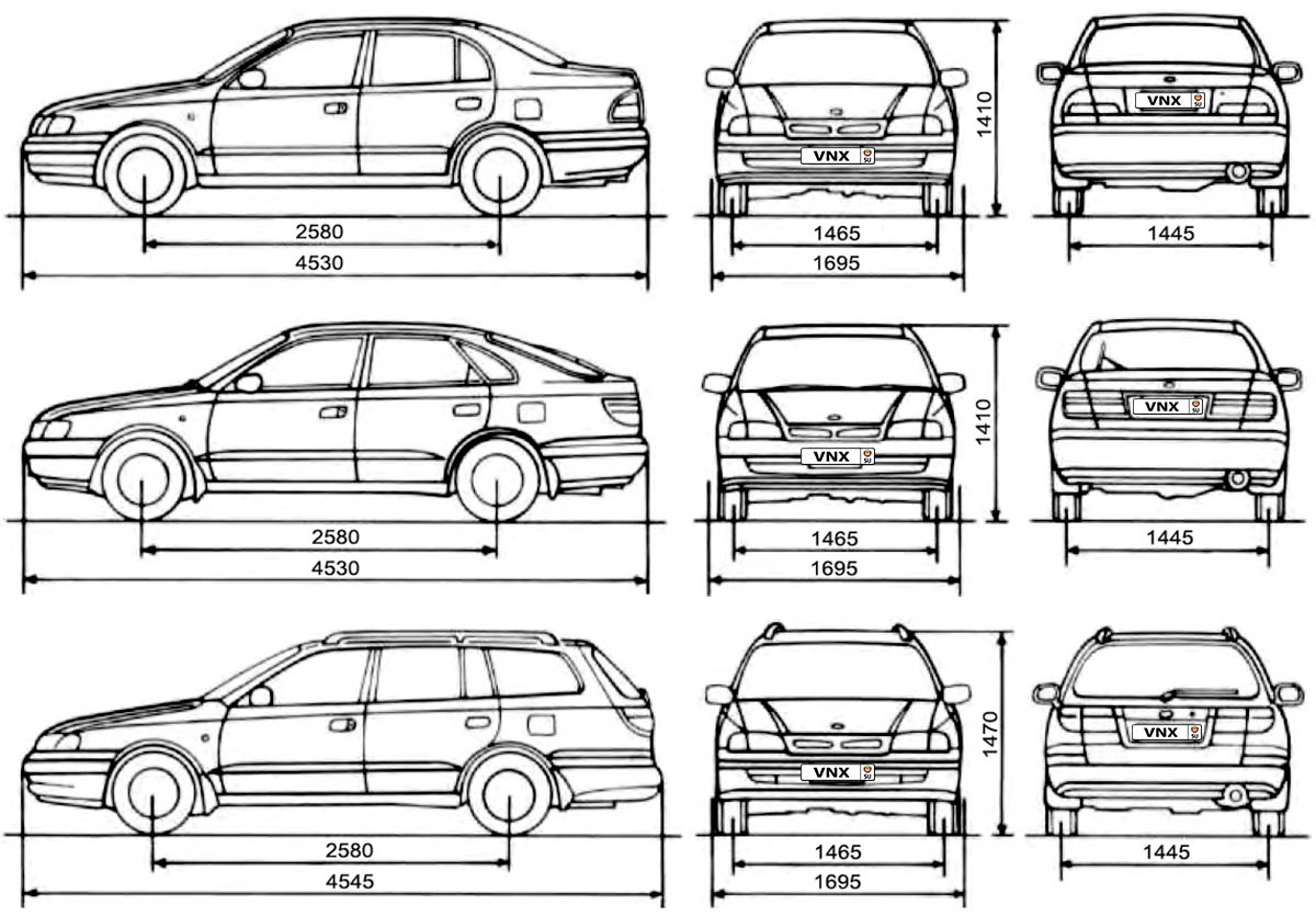 Габаритные размеры Тойота Карина 1992-1996 (dimensions Toyota Carina E)