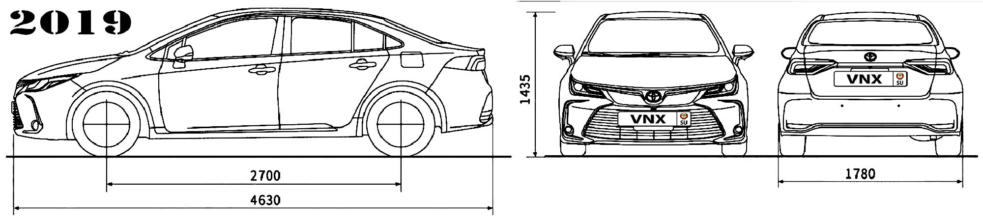 Габаритные размеры Тойота Королла с 2018 (dimensions Toyota Corolla E210)