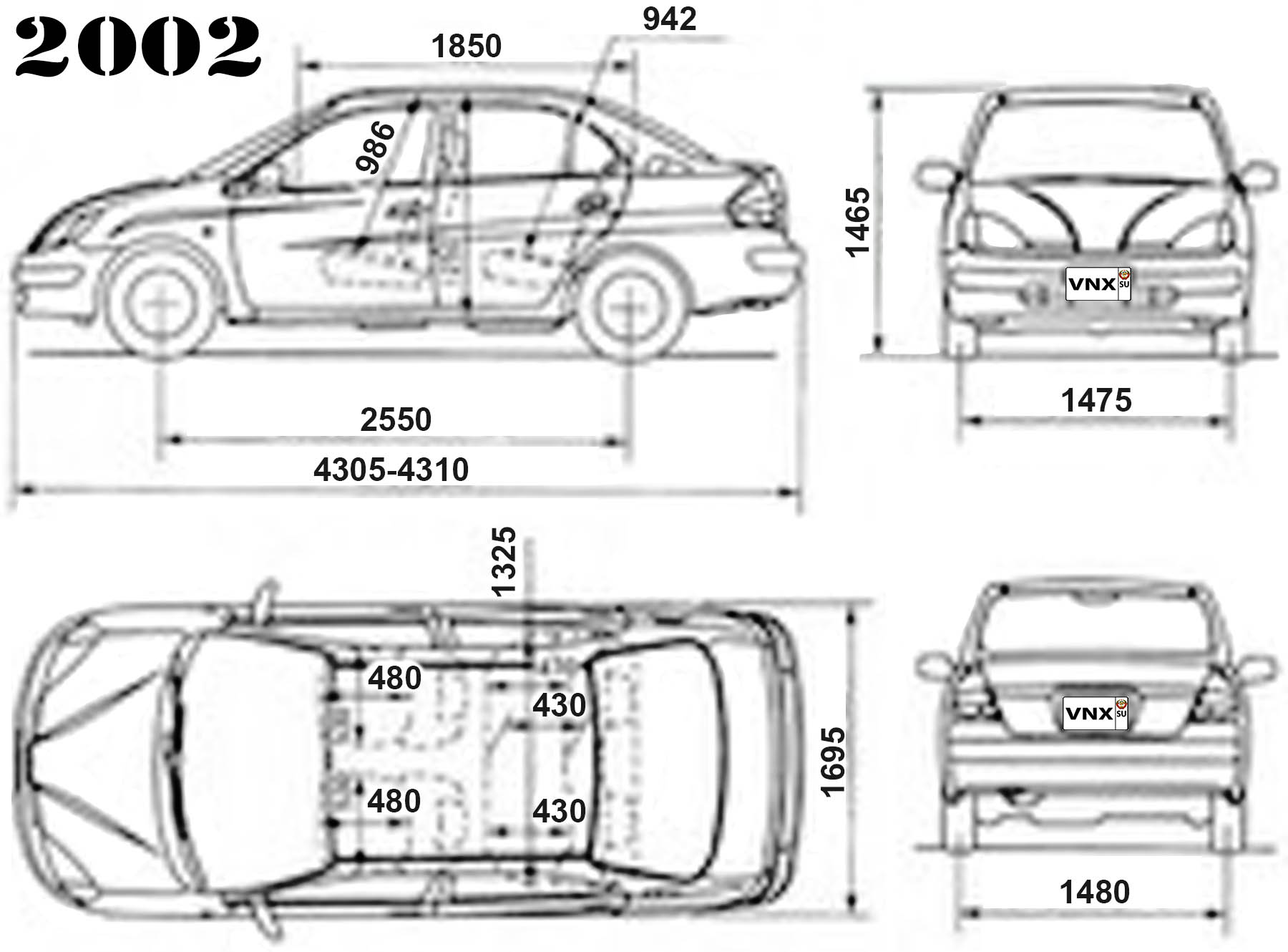 Габаритные размеры Тойота Приус 2000-2003 (dimensions Toyota Prius NHW11)