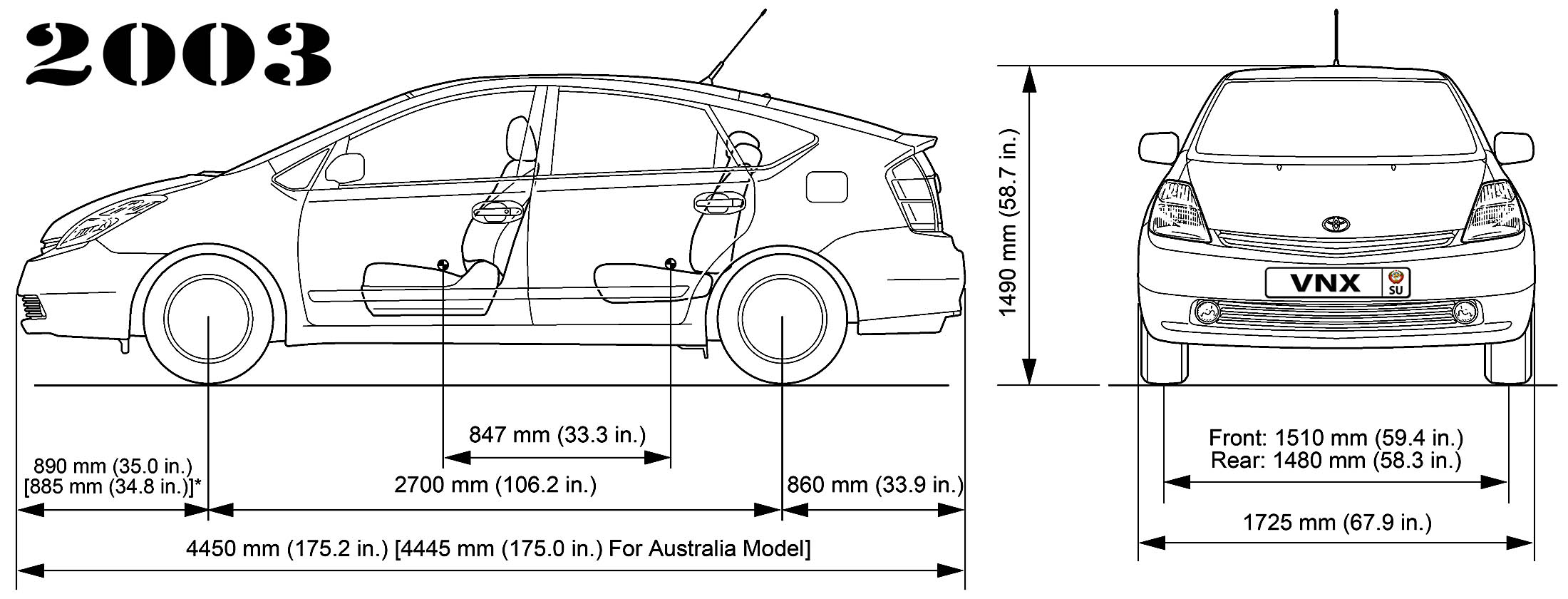 Габаритные размеры Тойота Приус 2003 (dimensions Toyota Prius NHW20)