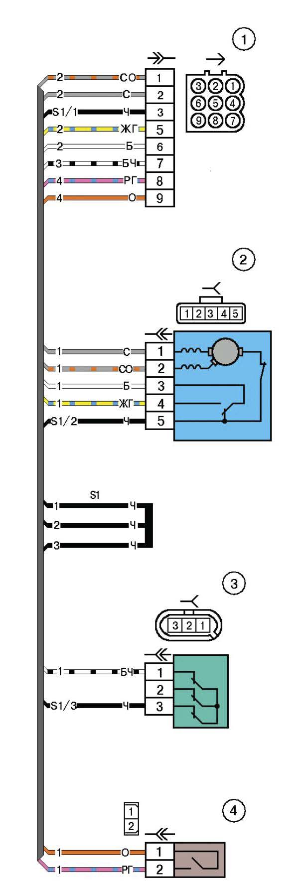 Схема электрических соединений жгута коробки воздухопритока автомобиля Лада Калина (LADA 1117 LADA 1118 LADA 1119)