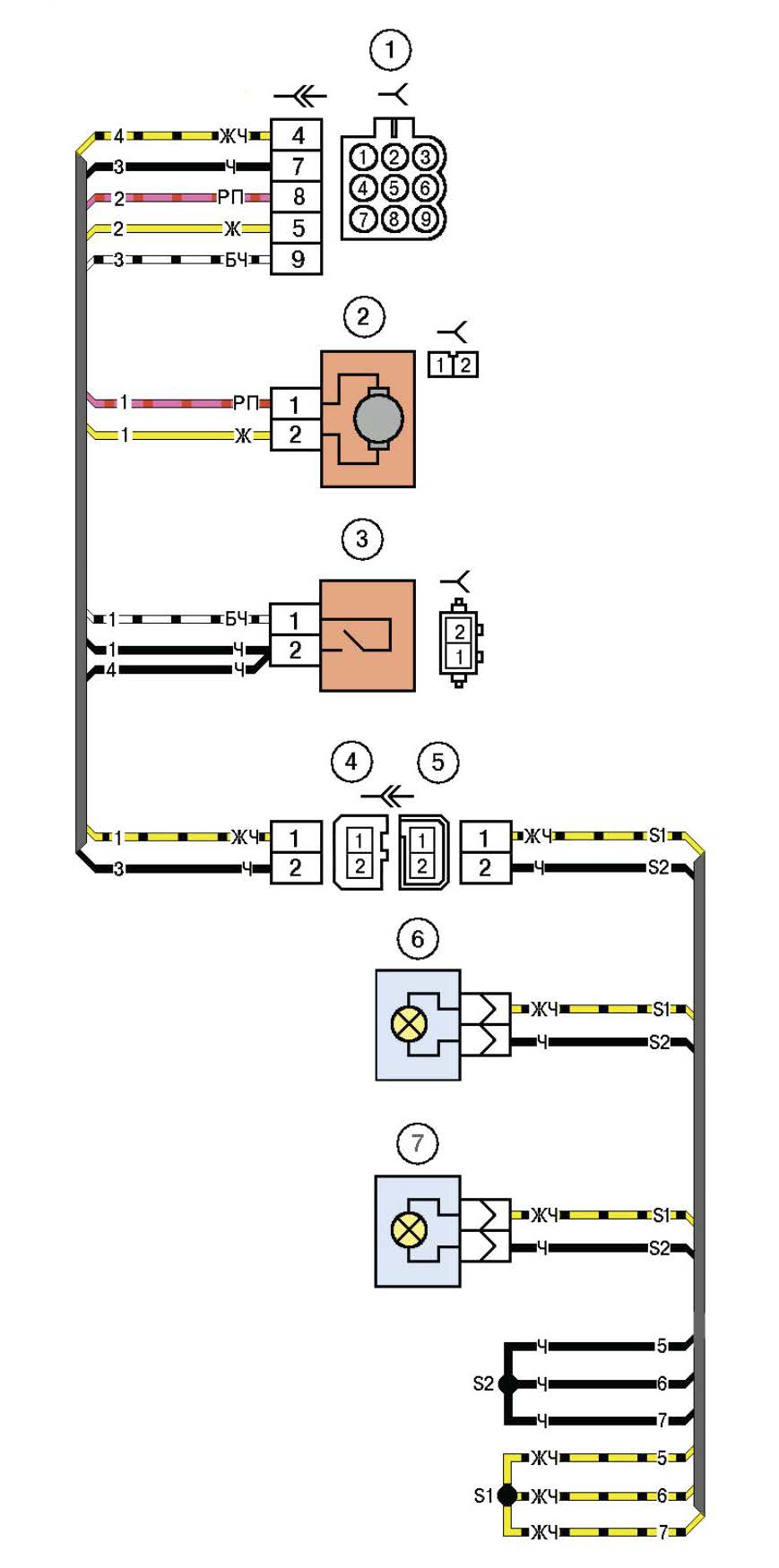 Схема электрических соединений жгута заднего дополнительного левого и жгута проводов фонарей освещения номерного знака автомобиля Лада Калина (LADA 1117 LADA 1118 LADA 1119)