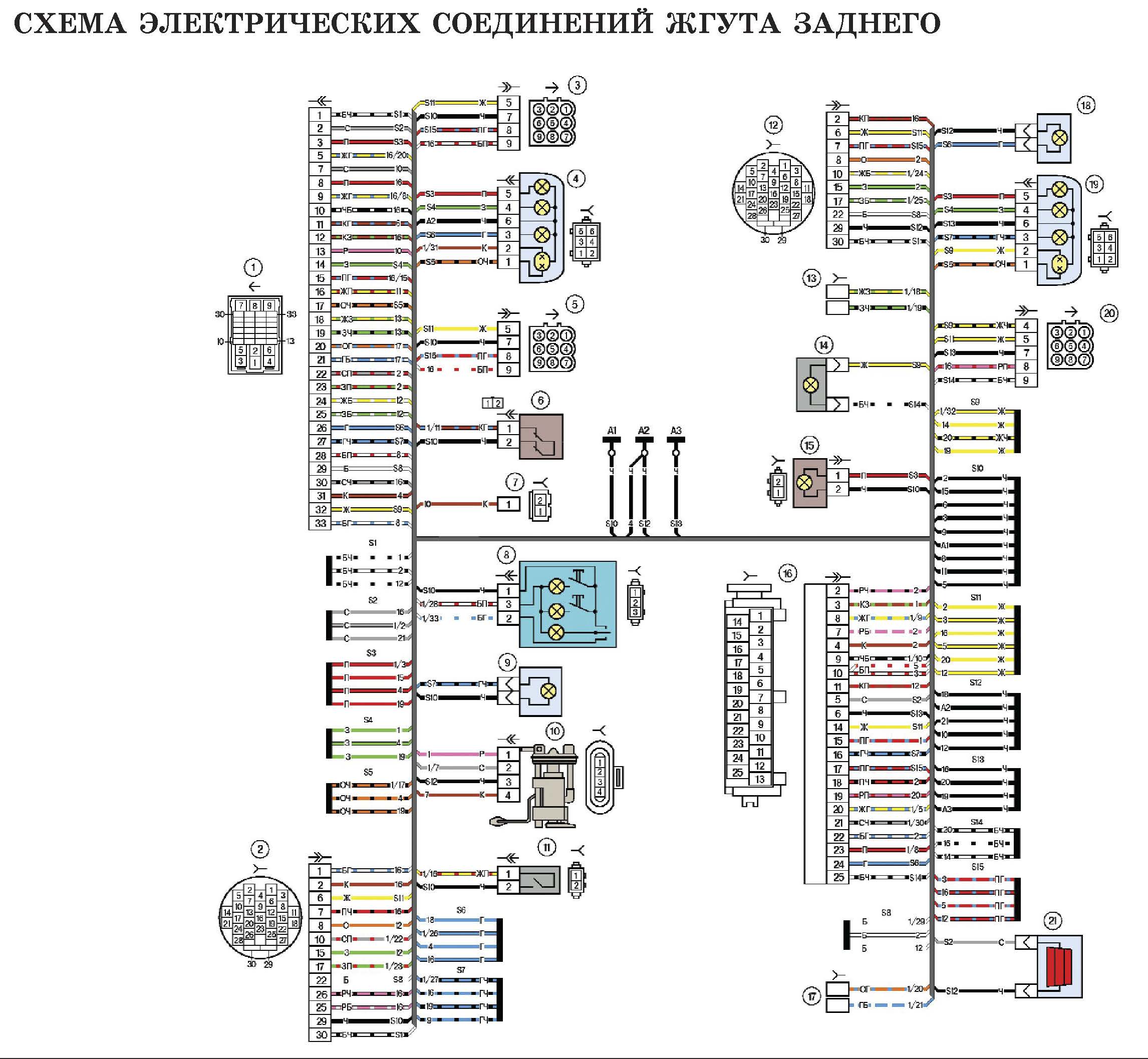 Схема электрических соединений жгута заднего автомобиля Лада Калина (LADA 1117 LADA 1118 LADA 1119)