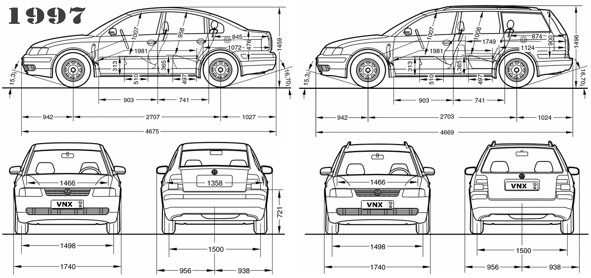 Габаритные размеры Фольксваген Пассат Б5 1997 (dimensions VW Passat B5)