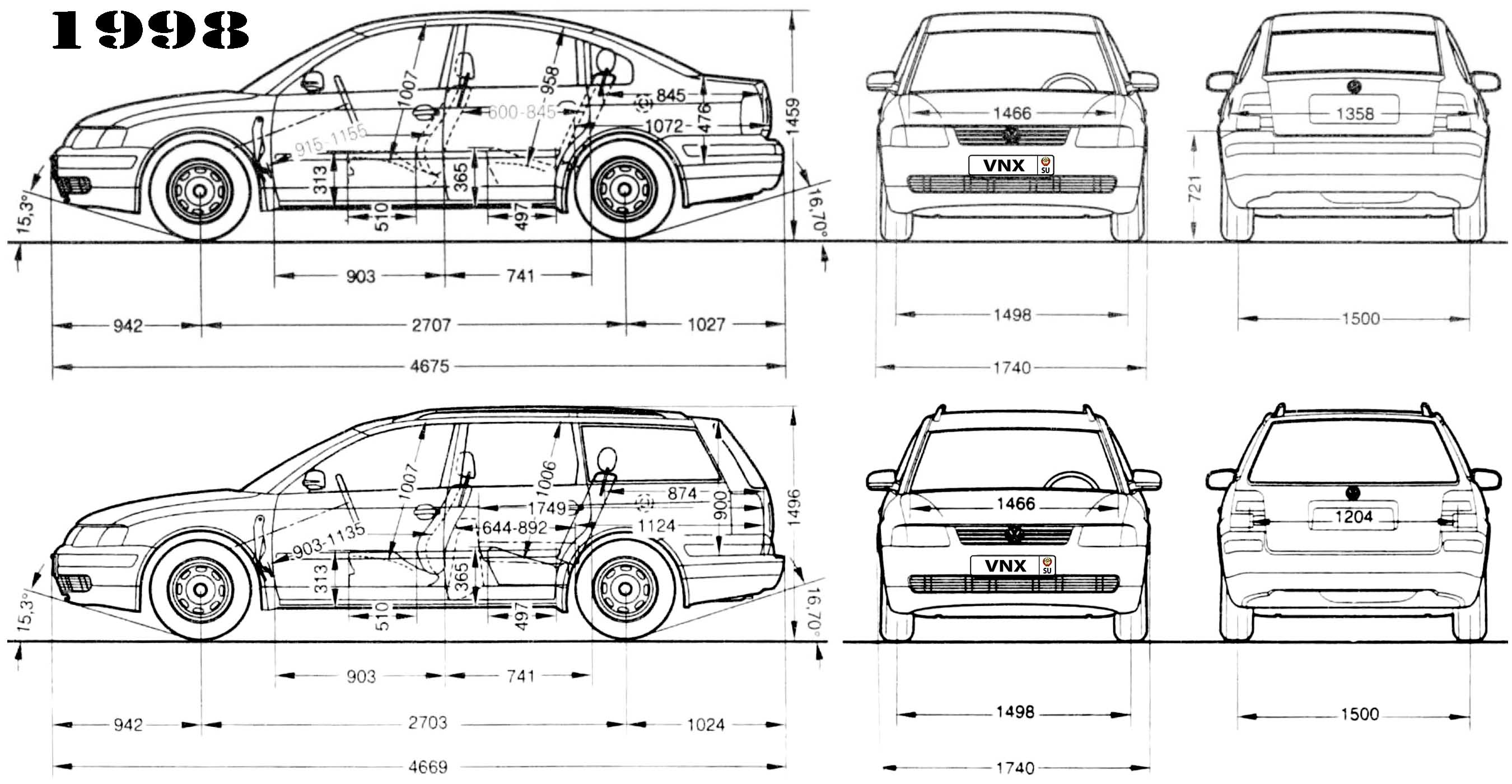 Габаритные размеры Фольксваген Пассат Б5 седан и универсал 1996-2001 (dimensions VW Passat B5)