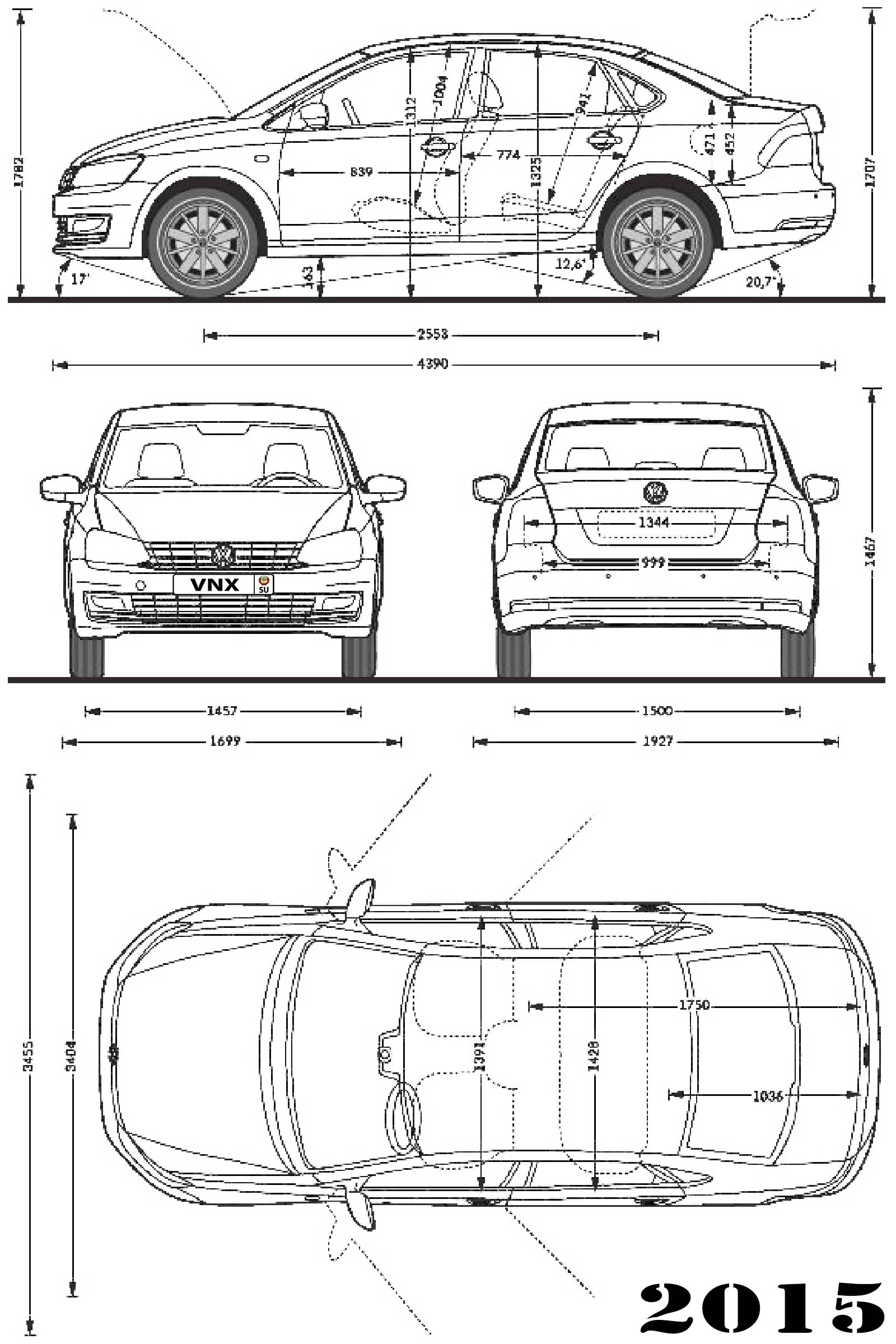 Габаритные размеры Фольксваген Поло седан с 2015 (dimensions VW Polo sedan A05/PQ25)