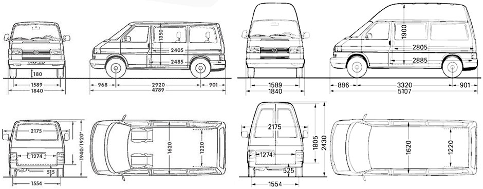 Габаритные размеры Фольксваген Транспортер, Мультивэн, Каравелла (dimensions VW Transporter T4 / Caravelle)