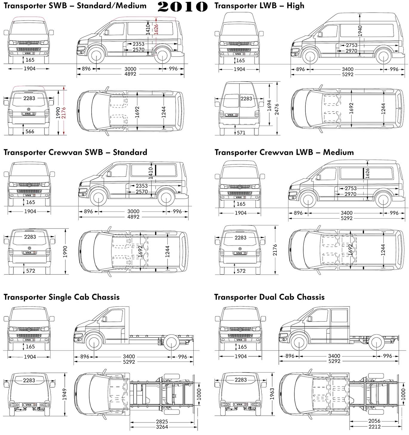 Габаритные размеры Фольксваген Транспортер Т5 рестайлинг (dimensions VW Transporter T5 2010)
