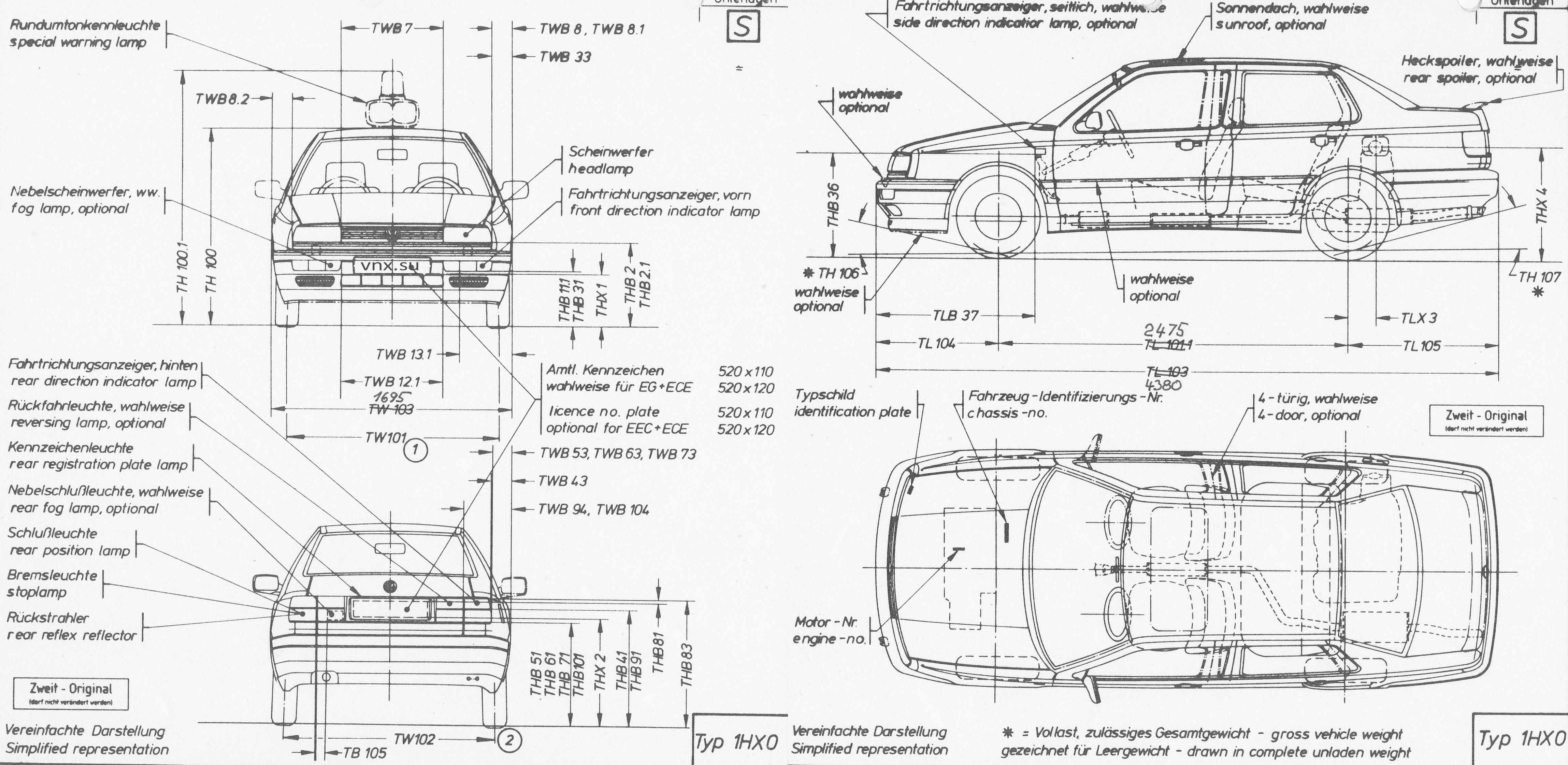 Габаритные размеры Фольксваген Венто (dimensions VW Vento 1991-1997)
