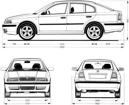 Габаритные размеры Шкода Октавия 1996-2004 (dimensions Škoda Octavia Mark I)