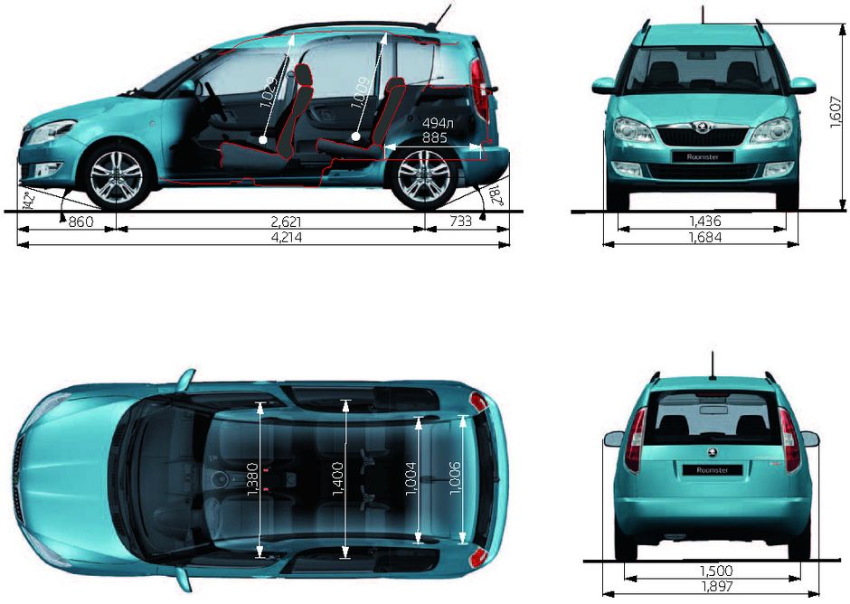 Габаритные размеры Шкода Румстер 2006-2015 (dimensions Škoda Roomster Mark I)