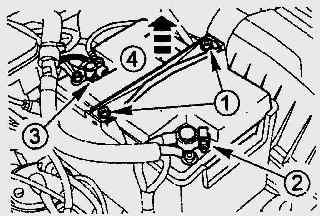 Крепление аккумуляторной батареи в моторном отсеке планкой (4), закрепленной гайками (1), и места подсоединения проводов к отрицательной (3) и положительной (2) клеммам батареи
