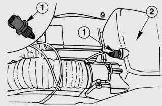 Расположение датчика (1) IAT температуры всасываемого в двигатель воздуха на корпусе (2) воздушного фильтра на передней левой стороне колесной ниши