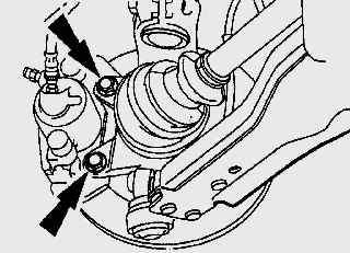 Расположение болтов крепления суппорта переднего дискового тормоза к поворотному кулаку