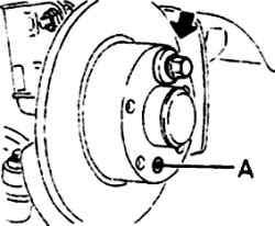 6.2 Затяните крепежный винт тормозного диска, затем закрутите болт крепления колеса, установив под него шайбу, толщиной примерно 10,0 мм (указана стрелкой)А Крепежный винт тормозного диска