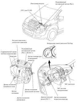 Расположение основных компонентов системы управления двигателей 1ZZ-FE И 3ZZ-FE