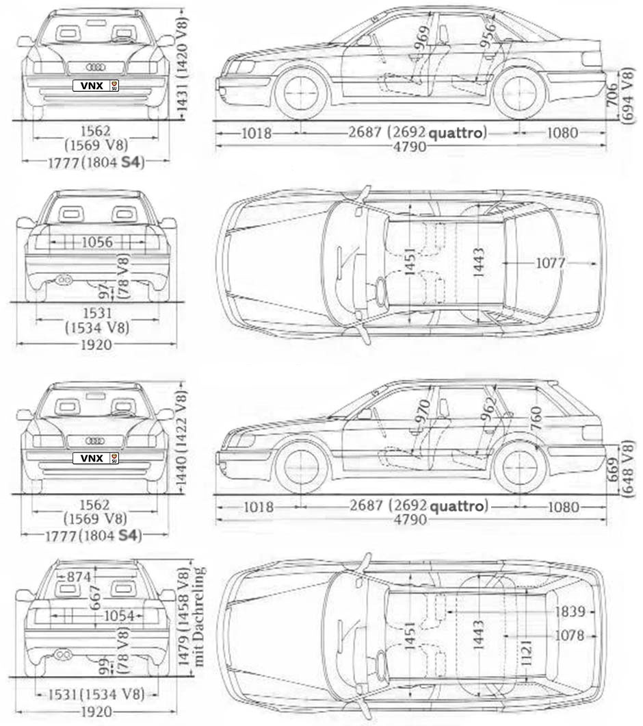 Габаритные размеры Ауди 100 1990-1994 (dimensions Audi 100 C4)