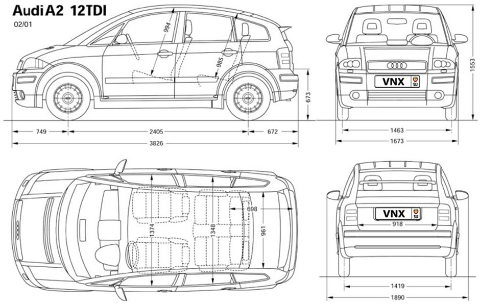 Габаритные размеры Ауди А2 (dimensions Audi A2)