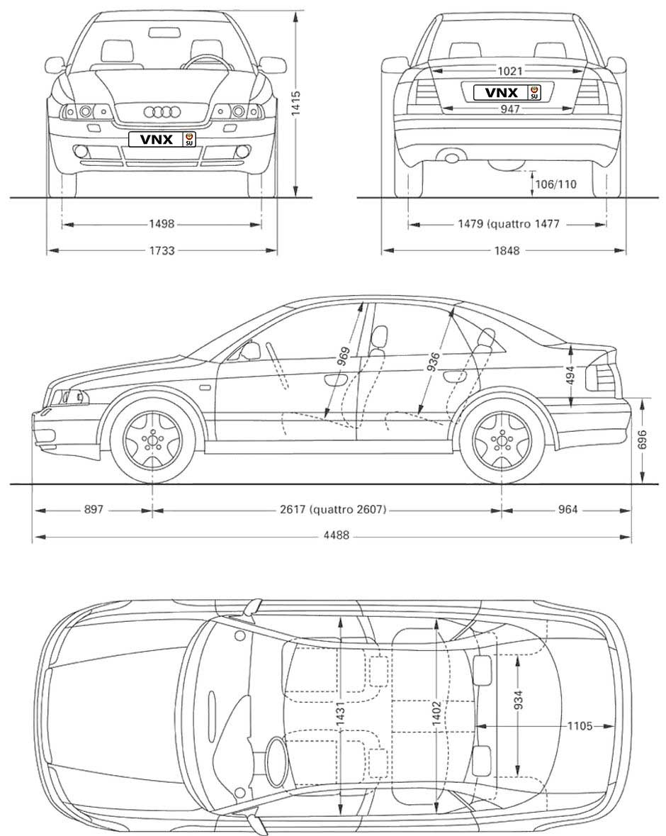 Габаритные размеры Ауди А4 1994-2001 (dimensions Audi A4 B5)