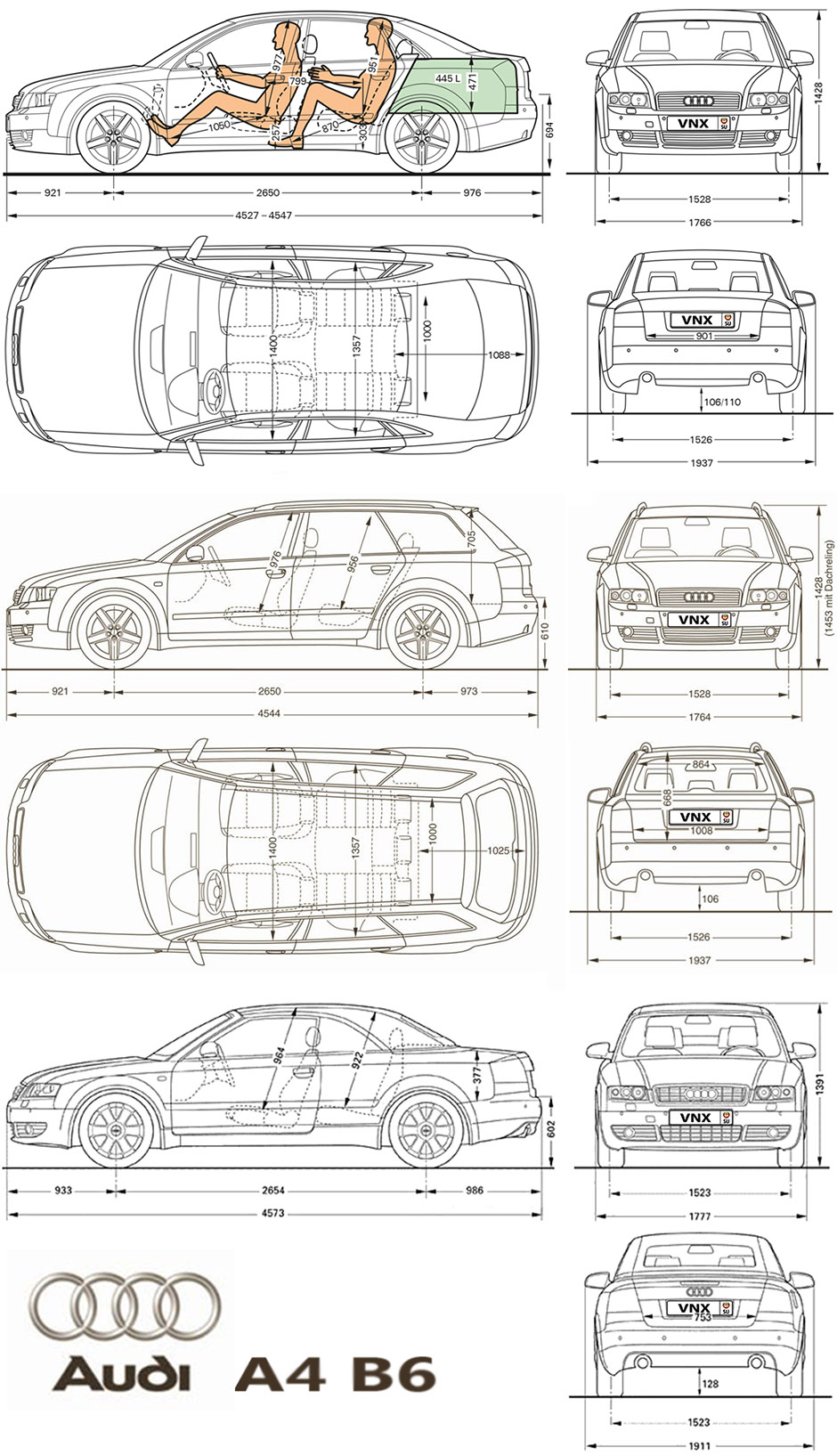 Габаритные размеры Ауди А4 В6 (dimensions Audi A4 B6)
