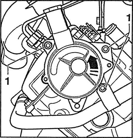 Рисунок-2 Расположение крышки закрывающей торец распределительного вала на головке блока цилиндров и болтов (1) крепления вакуумного насоса