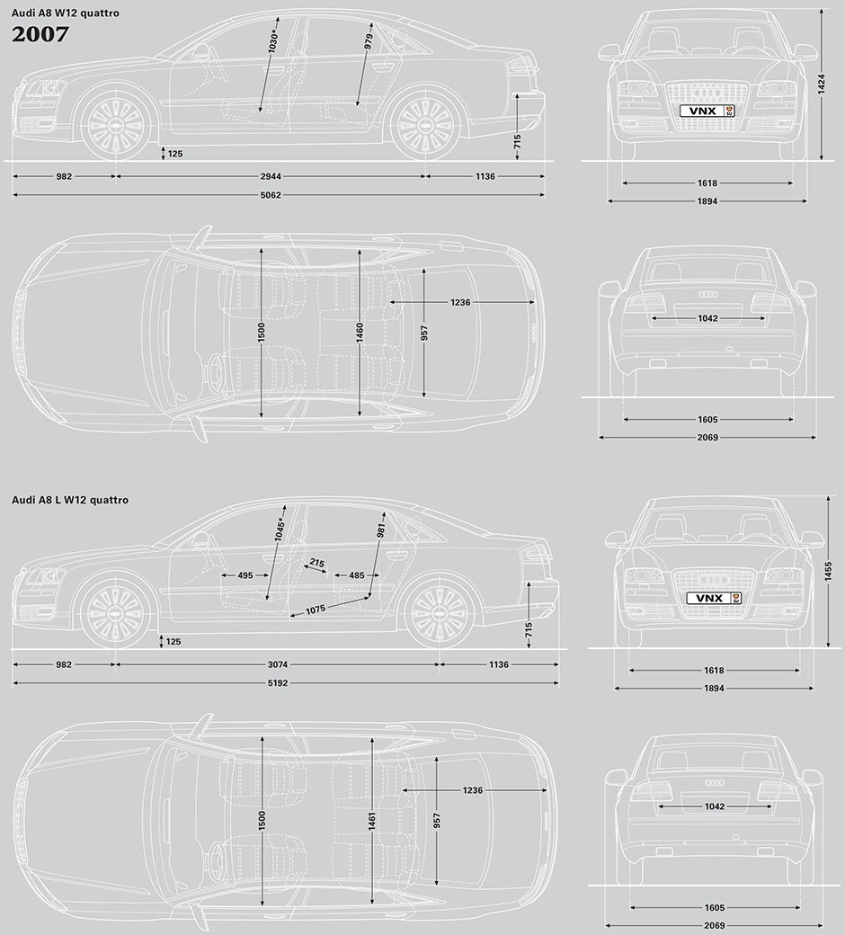 Габаритные размеры Ауди А8 рестайлинг 2007-2010 (dimensions Audi A8 D3)