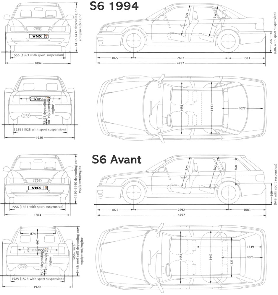 Габаритные размеры Ауди С6 1994-1997 (dimensions Audi S6 C4)