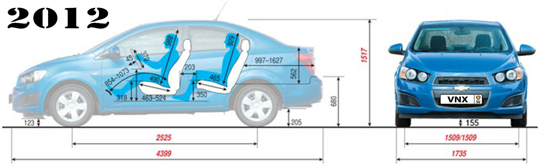 Габаритные размеры Шевроле Авео с 2011 (dimensions Chevrolet Aveo T300)