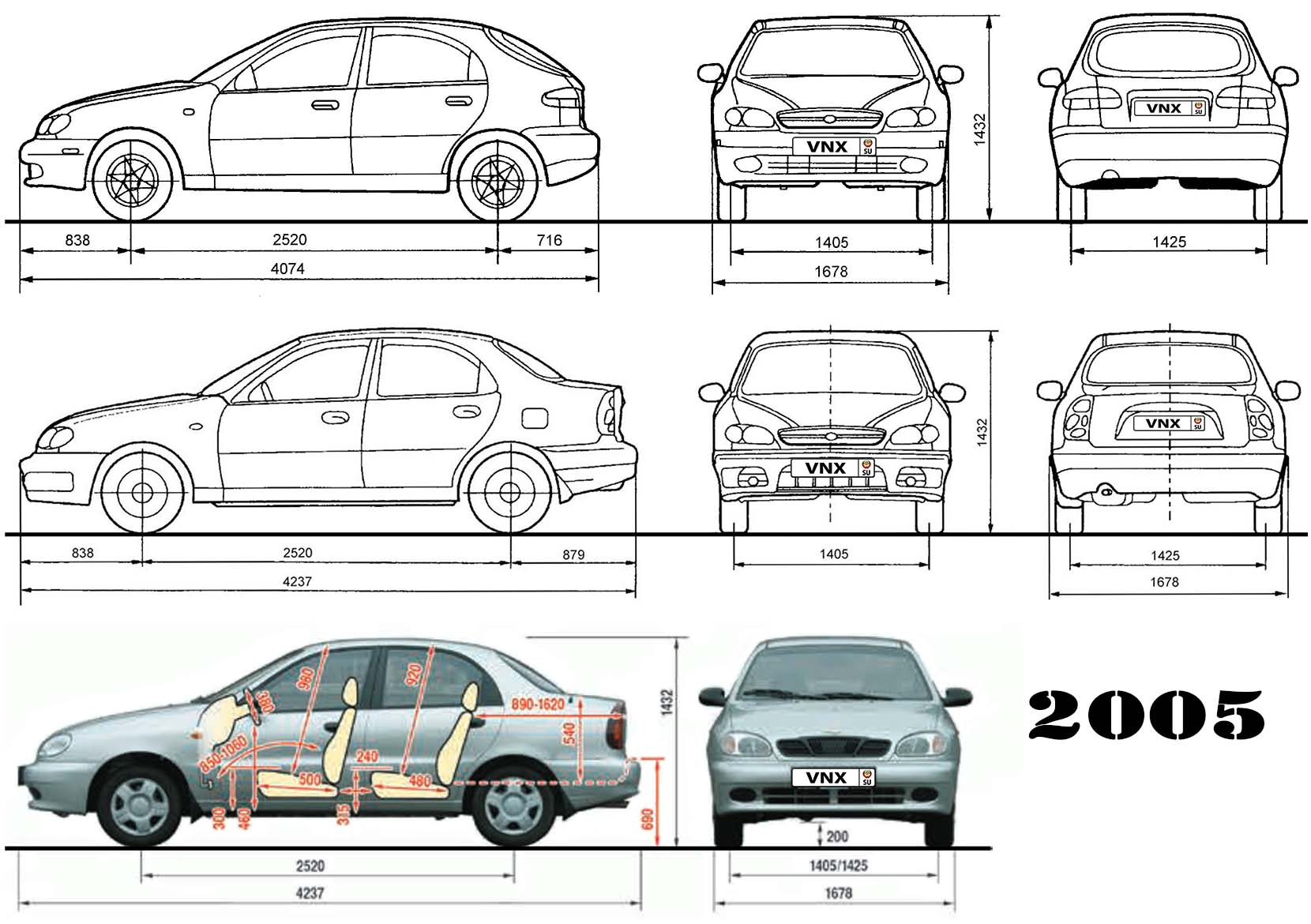 Габаритные размеры Шевроле Ланос 2005 (dimensions Chevrolet Lanos)