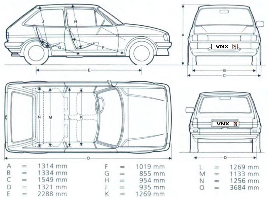 Габаритные размеры Фиеста 1983-1989 (dimensions Ford Fiesta mk2)
