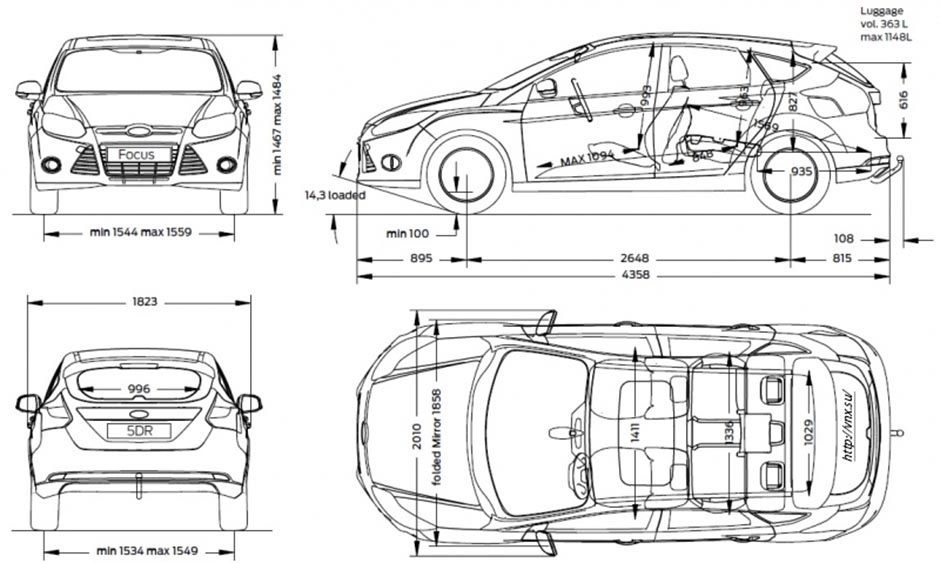 Габаритные размеры Форд Фокус 3 с 2011 (dimensions Ford Focus III)