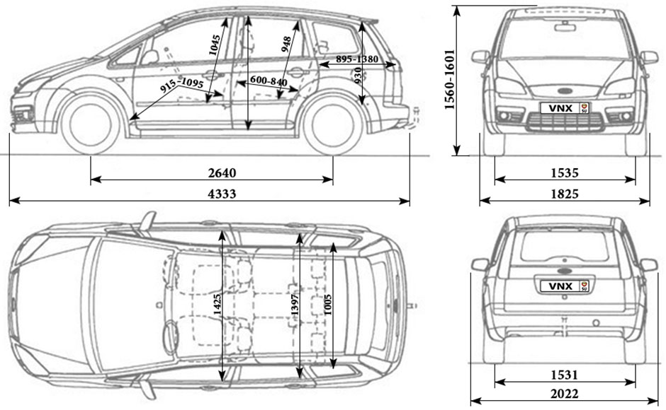 Габаритные размеры Форд Си-Макс 2003-2011 (dimensions Ford C-Max mk1)