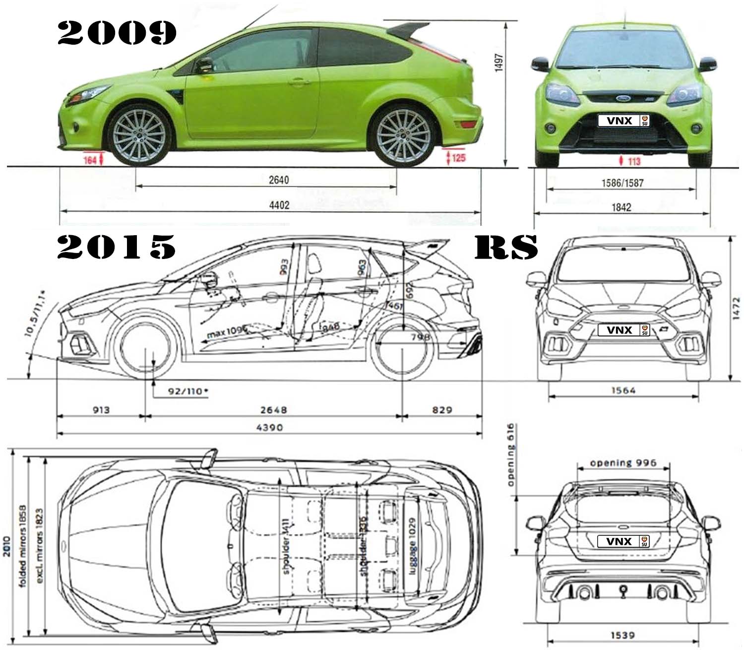 Габаритные размеры Форд Фокус РС 2009/2015 (dimensions Ford Focus RS)
