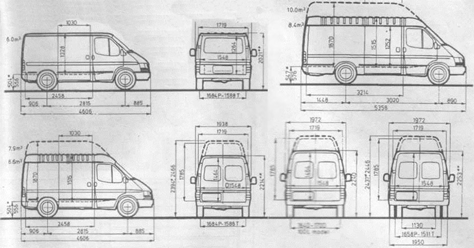 Габаритные размеры Форд Транзит (dimensions Ford Transit 1986-2000)