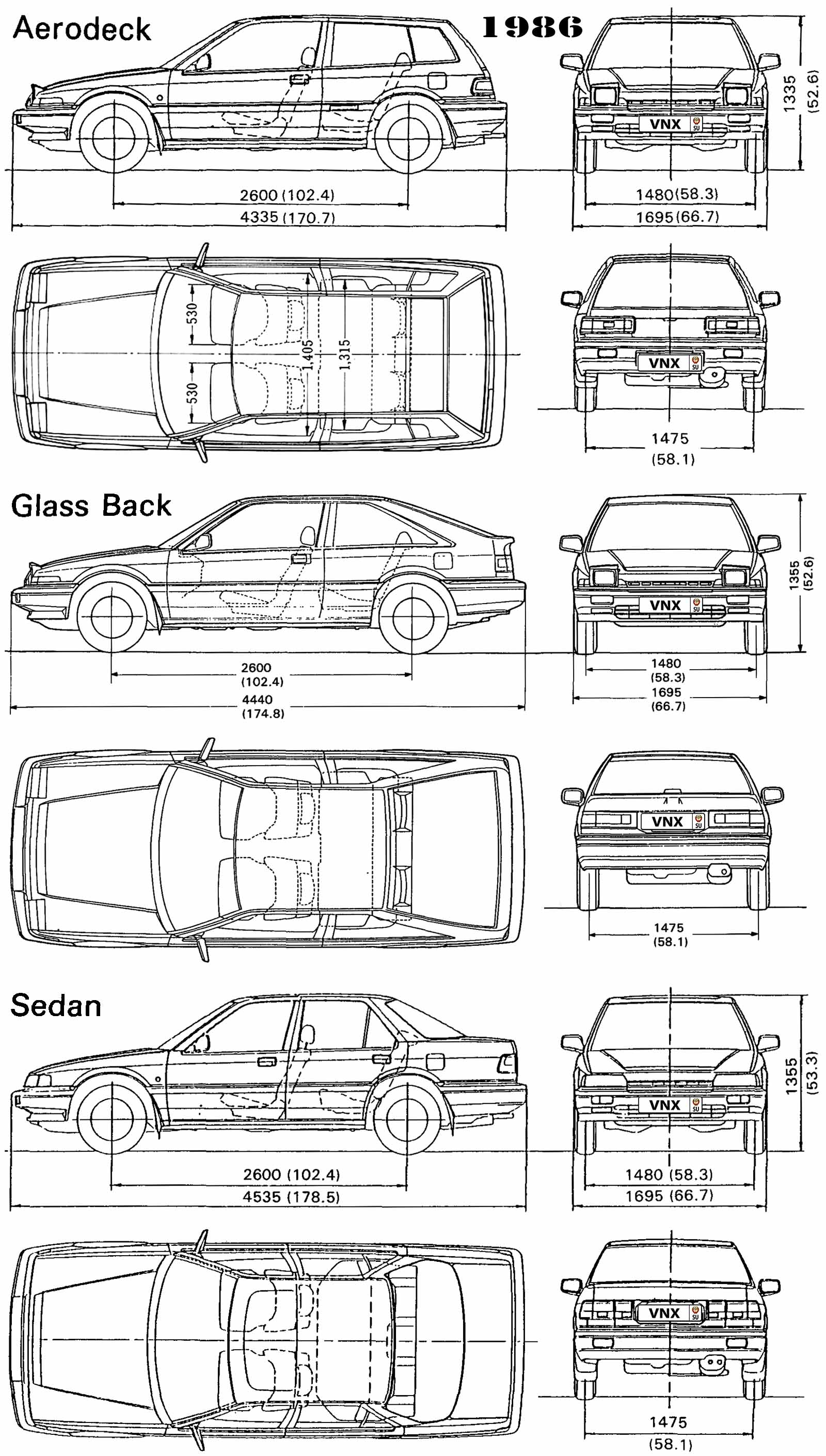 Габаритные размеры Хонда Аккорд 1985-1989 (dimensions Honda Accord III)