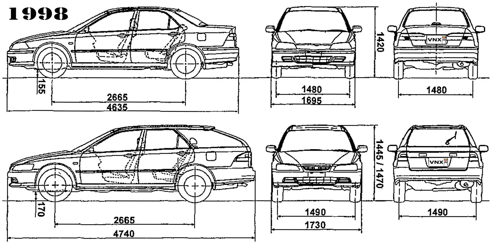 Габаритные размеры Хонда Аккорд 1997-2003 (dimensions Honda Accord mk6)