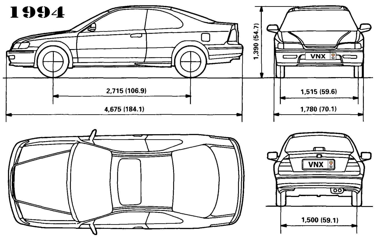 Габаритные размеры Хонда Аккорд купе 1993-1997 (dimensions Honda Accord COUPE CD7/CD9)