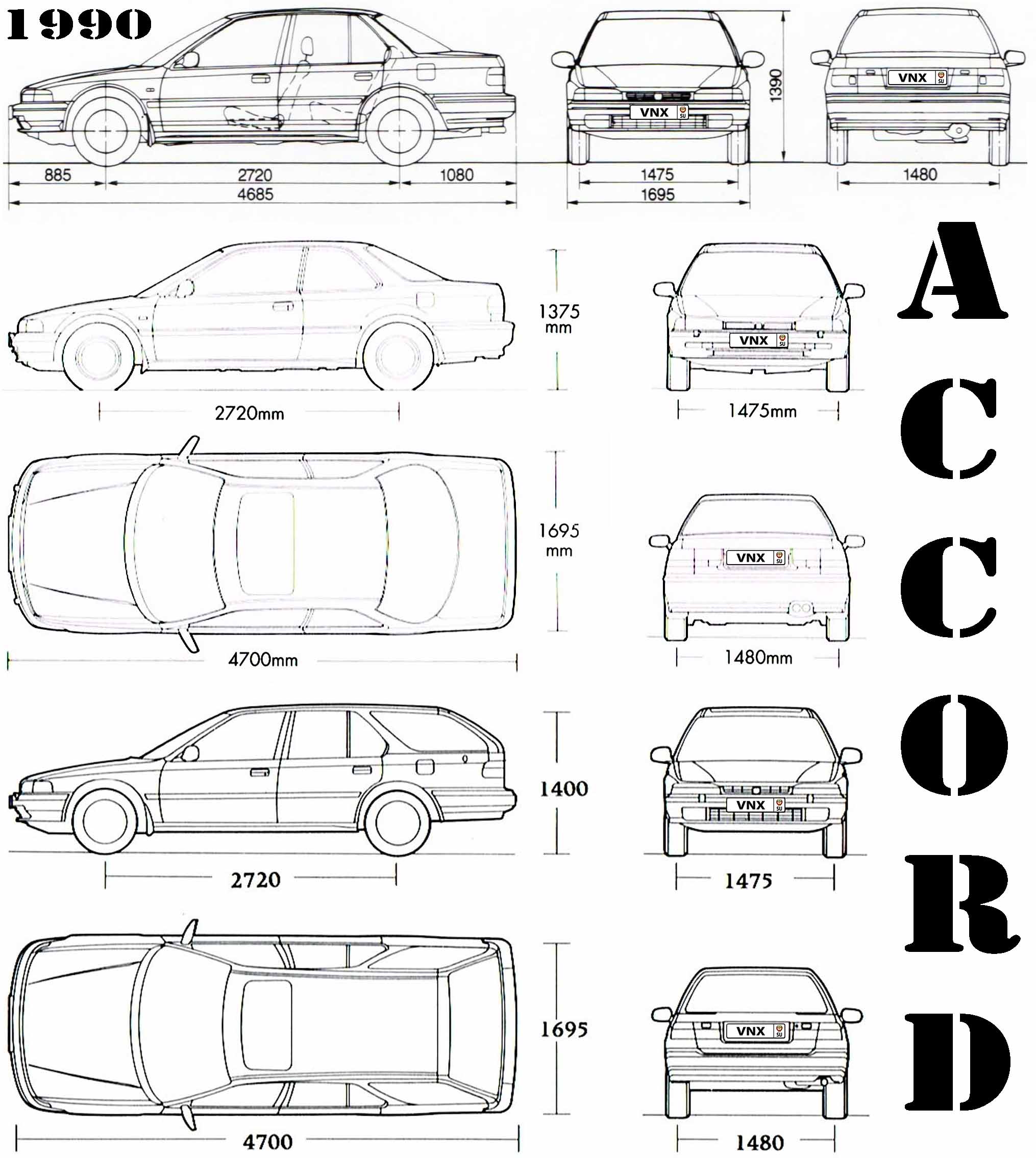 Габаритные размеры Хонда Аккорд 1989-1993 (dimensions Honda Accord mk4)