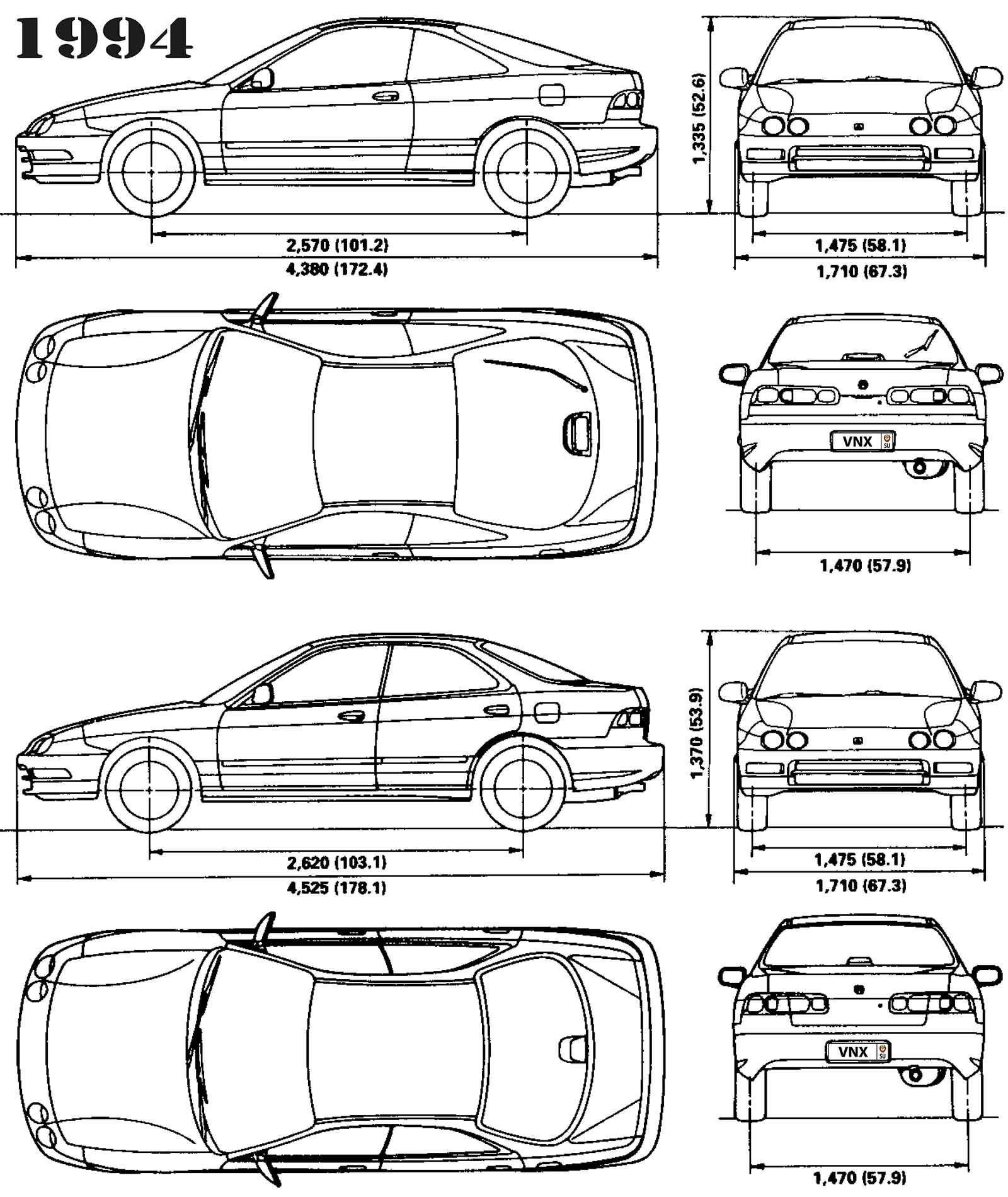 Габаритные размеры Акура Интегра 1993-2001 (dimensions Acura Integra DB7/DB8/DC2/DC4)