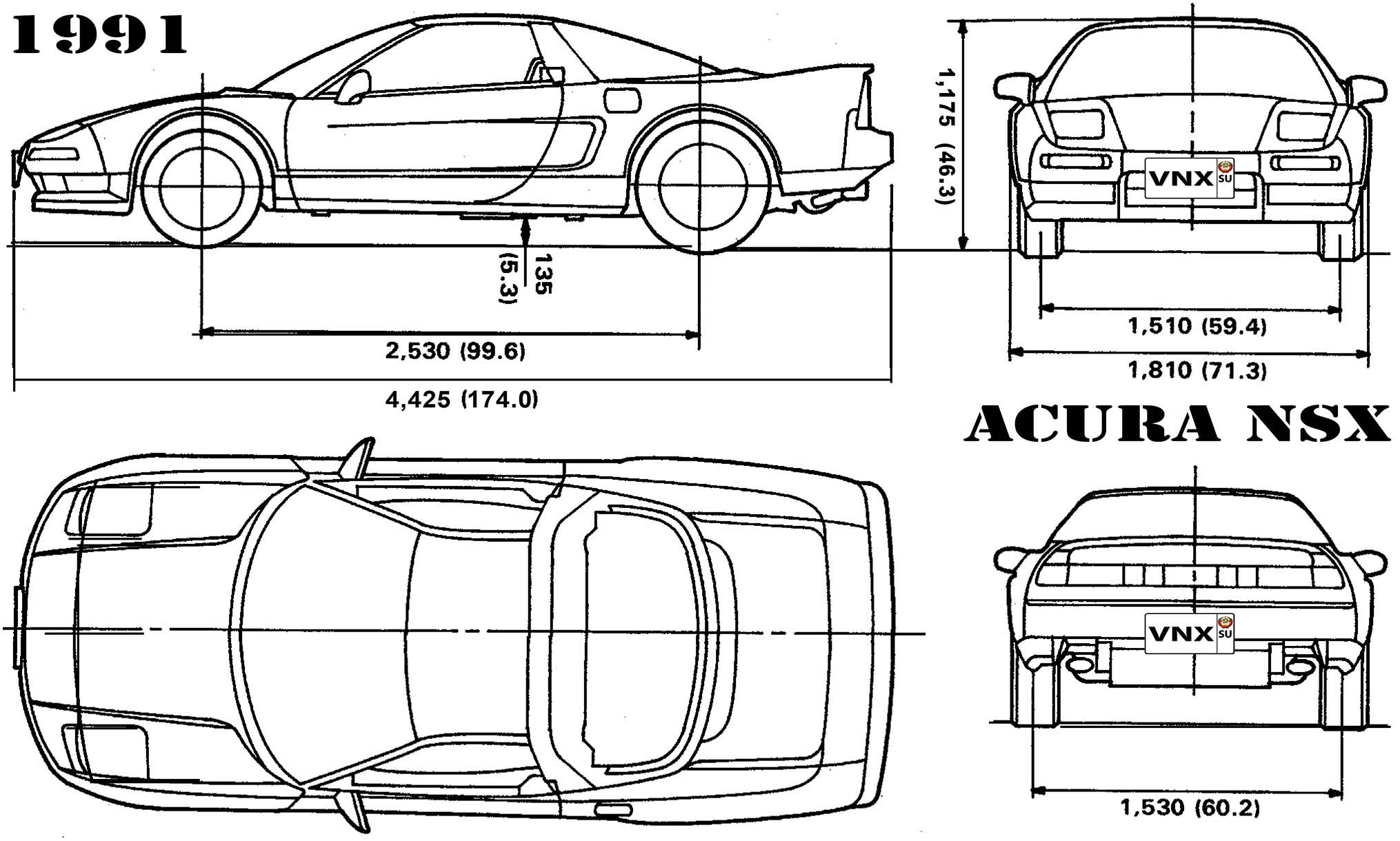 Габаритные размеры Акура НСиКс 1991 (dimensions Acura NSX Mark I)