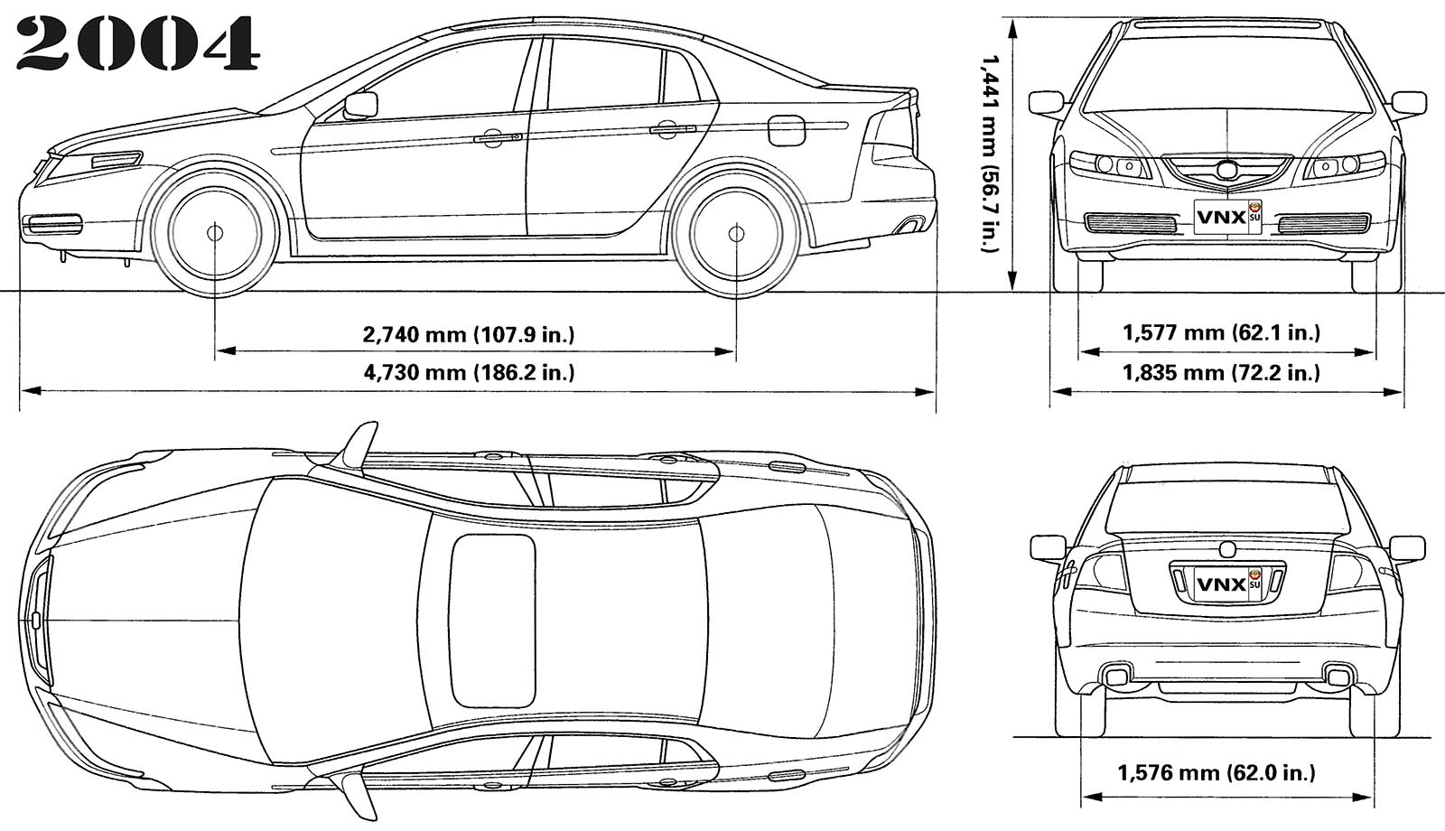 Габаритные размеры Акура ТЛ 2004-2008 (dimensions Acura TL mk3 UA6/UA7)