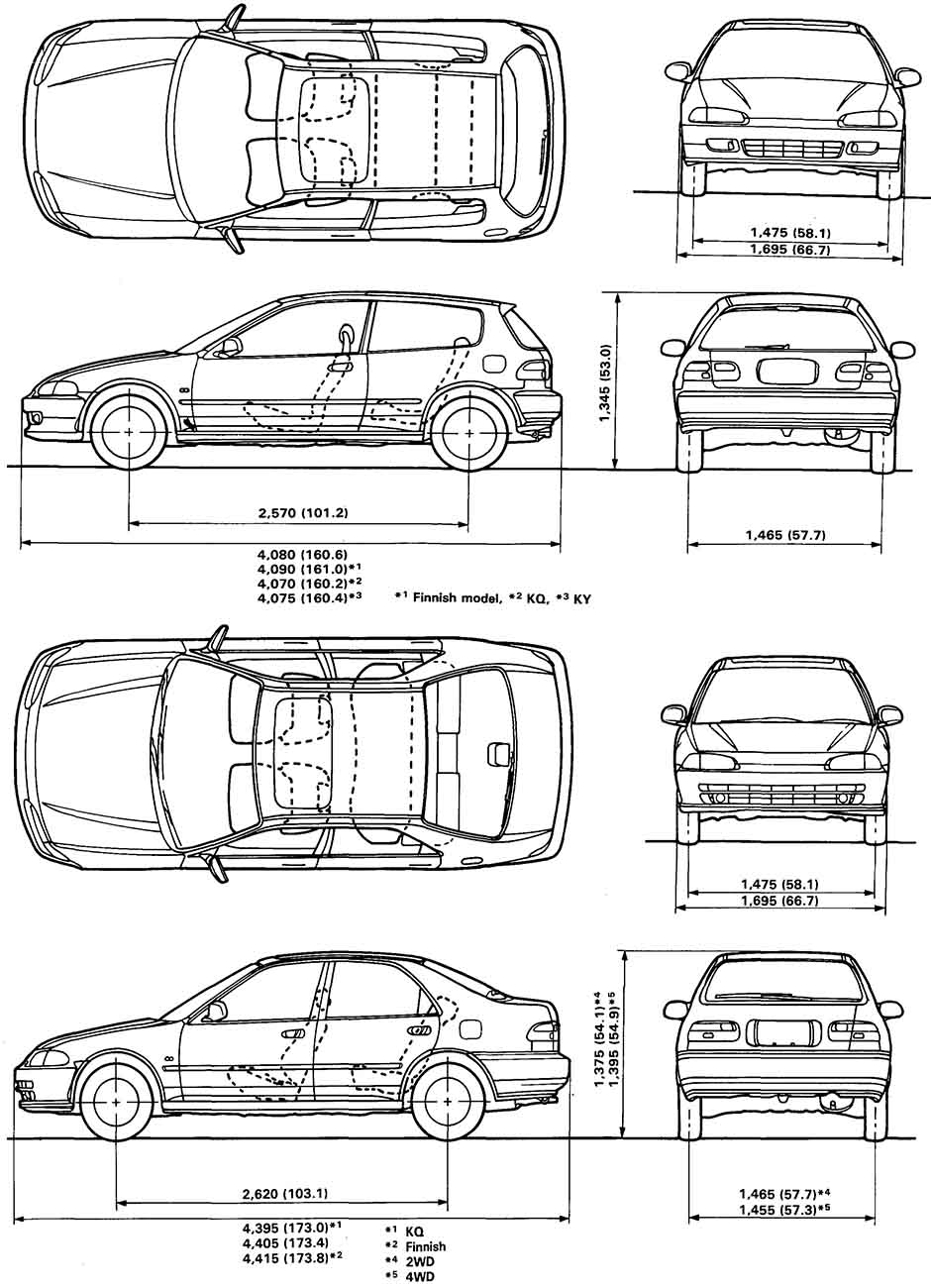 Габаритные размеры Хонда Сивик 1991-1995 (dimensions Honda Civic)